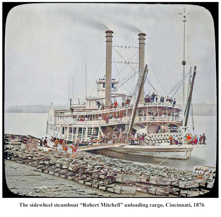 Colorized photo from 1876 of the sidewheel steamboat Robert Mitchell as the alligators were unloaded
